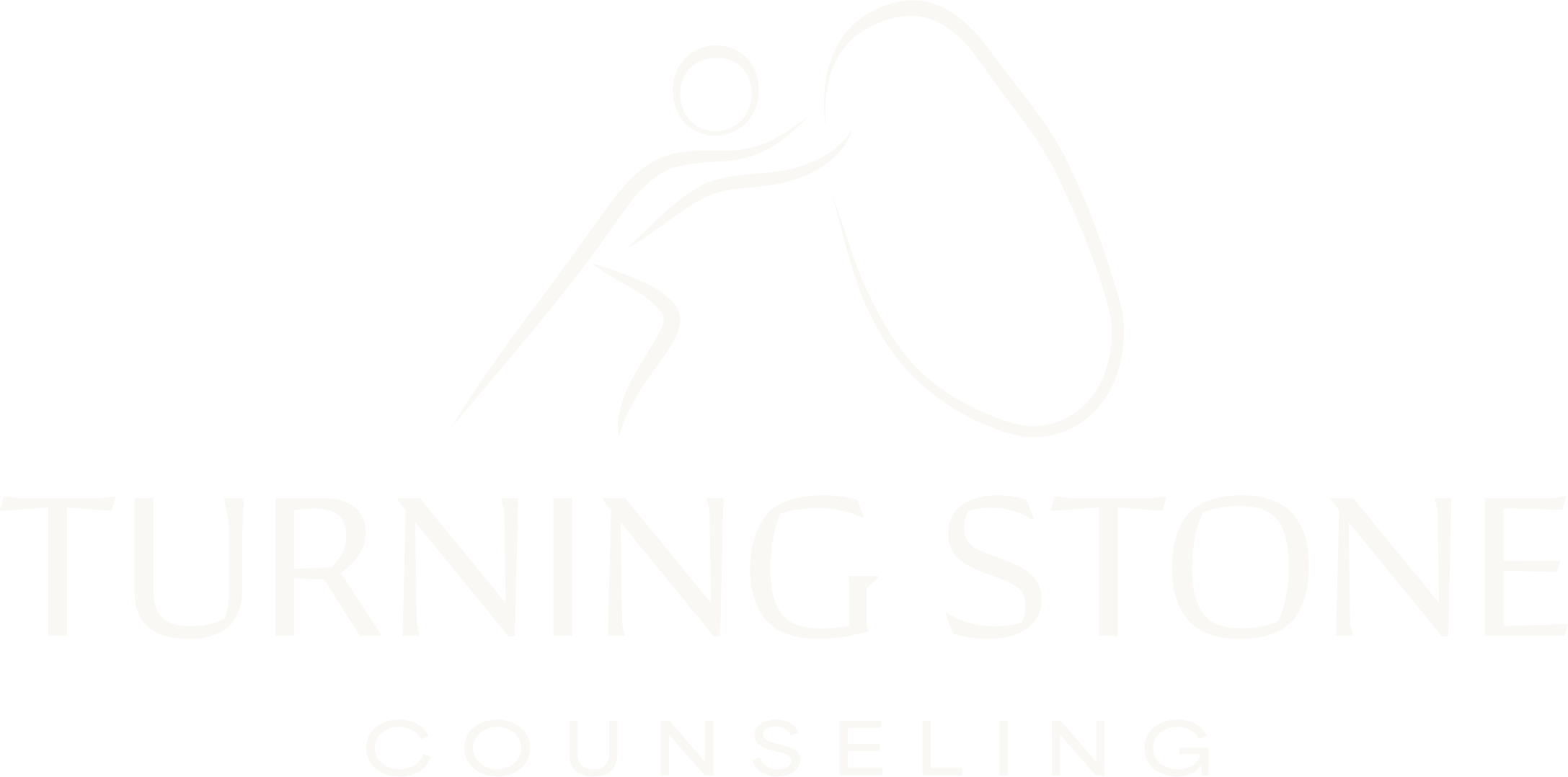man pushing rock with Turning Stone Counseling written underneath of it.